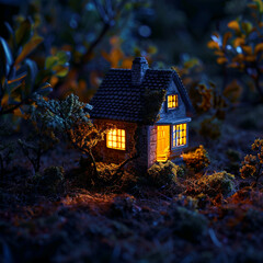 A night scene with a miniature house softly illuminated by warm yellow light.