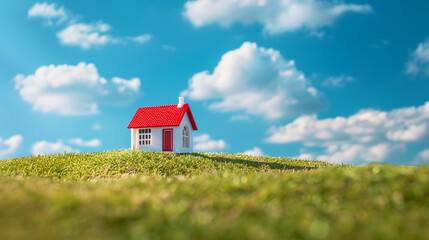 Toy house on grassy hill under bright sky with fluffy clouds