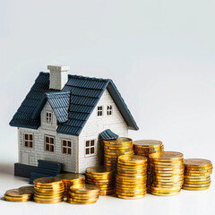 Miniature House and Stacks of Gold Coins on White Background Representing Real Estate Investment