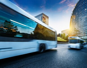 driving bus in city traffic in motion blur creative banner copyspace image