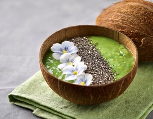 green smoothie bowl with chia flowers and coconut in coconut shell on linen napkin