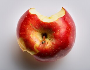 a red apple top view partially eaten showing its core and seeds on a light background