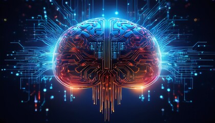 a digital brain image combining circuit boards and neural networks with blue and red lights glowing symbolizing artificial intelligence and technology
