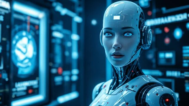 A female humanoid robot in a virtual world that symbolizes the future of AI agents and agent autonomy during the evolution of autonomous machines that work with humans. 4k video