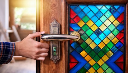 hand opening wooden door with colorful stained glass panel in workshop
