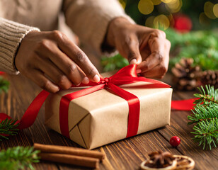 Close up of woman wrapping Christmas gift with red ribbon on rustic wooden table surrounded by festive decorations
