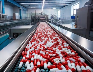 red and white capsule pills on a conveyor belt in a medical production plant