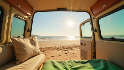 Cozy van interior overlooking beach at sunrise, relaxing getaway concept.