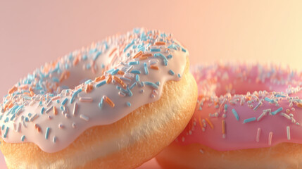 Close-up of two freshly glazed donuts, set against a soft gradient background transitioning from light peach to rosy pink