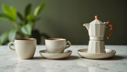 Elegant ceramic coffee set with two cups and a pot, on a marble surface, minimalistic design concept for coffee lovers and café ambiance.