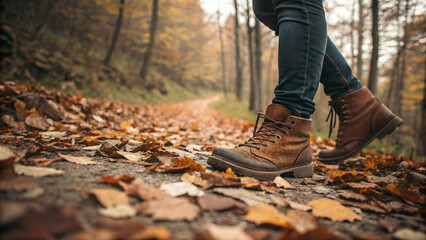 Person walking on trail covered with autumn leaves in forest  