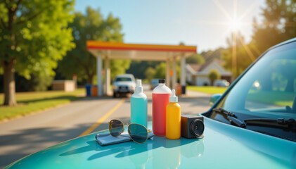 Bottles of colorful car cleaning products on a turquoise vehicle hood at a bright gas station, automotive care and maintenance concept.