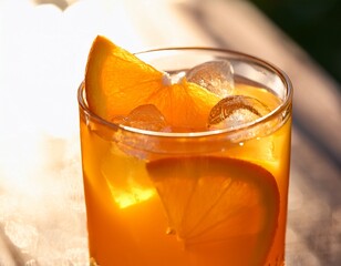 close up of refreshing orange juice with ice and orange slice in a glass illuminated by sunlight