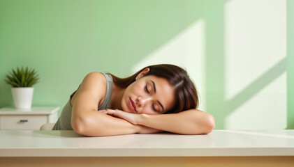Relaxed young woman with long brown hair resting her head on a table, soft green interior background, self-care and mindfulness concept
