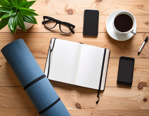 Finding balance with a planner, yoga mat, coffee, and glasses on a wooden surface