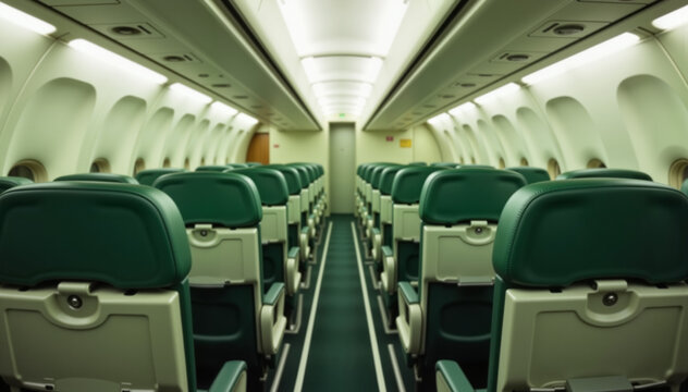Empty airplane cabin with green seats, modern design, well-lit interior, travel concept of air travel and transportation. - Powered by Adobe