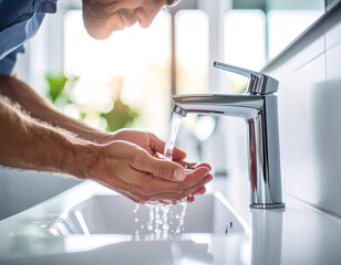 Man rinses mouth at modern dentist's office sink during dental appointment