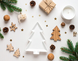Minimalist Scandinavian style Christmas decor with white ceramic tree and wooden ornaments creates a cozy holiday atmosphere
