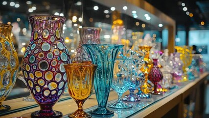 Colorful glass vases, bowls, and goblets displayed on a shelf - Powered by Adobe