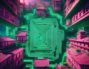 futuristic neon green labyrinth in the center of an old city with pink rooftops top view digital cyber maze mysterious urban landscape fantasy concept art