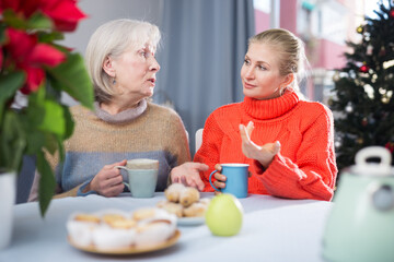 Mature mother and her adult daughter, who came to visit her for Christmas, drink tea and chat while...