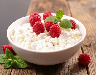 cottage cheese in a white bowl topped with fresh raspberries and mint