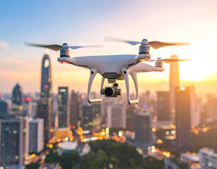 Modern surveillance drone soars above urban skyline at sunset showcasing high-resolution detail
