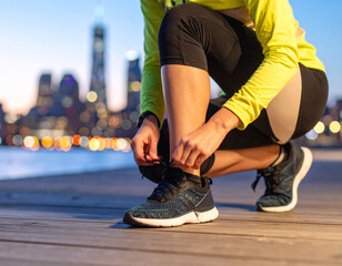 Runner prepares for dawn jog under city lights while tying shoelaces in reflective sportswear