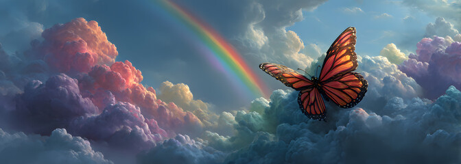 Fantasy Butterfly Rainbow Sky banner - a colourful big winged butterfly with a cartoon vibe at the end of an arcing rainbow up high in the sky with fluffy clouds ideal for a spiritual theme