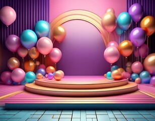 3d render of a modern stage with colorful and shiny balloons