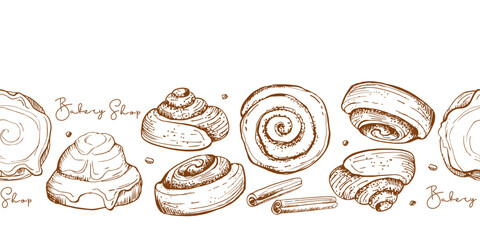 Seamless border with sweet cinnamon buns and cinnamon sticks sketch with inscription. Vector tasty bakery food, yeast french dough, sweet nutrition snack. Hand drawn element for cafe, menu, recipe