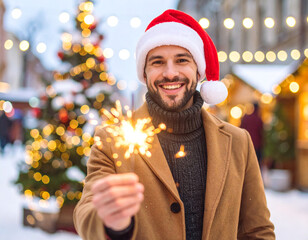 smiling man in Santa hat holds sparkler under snowy evening lights in city during holiday celebration