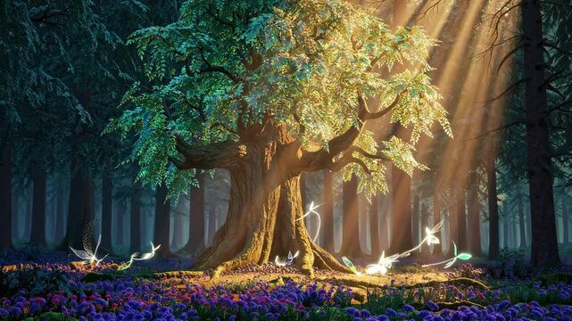 A magical forest scene with glowing fairies around an ancient tree. Low-angle shot captures sun rays filtering through leaves, like a fantasy video game.