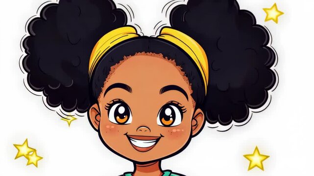 Afro Puff Princess: A charming cartoon of black girl with two afro puffs tied with yellow ribbons smiles brightly, radiating happiness and innocence.