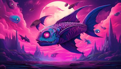 surreal flying fish with skull faces in a vibrant pink night sky fantasy landscape eerie and imaginative digital art perfect for sci fi horror or surrealism themes