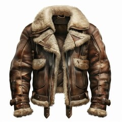 Fototapeta premium Brown leather and fur aviator jacket isolated on a white background, offering warmth and style for cold weather