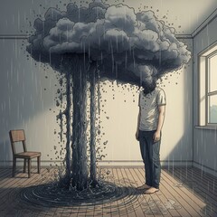 A powerful metaphor for depression and mental turmoil, showing a person whose head is a dark, raining storm cloud
