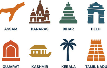 Minimalist icons of indian states and famous landmarks in monochrome style