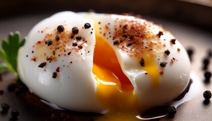 close up of a perfectly poached egg with runny yolk and black pepper