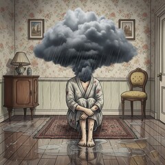 A powerful metaphor for depression and mental turmoil, showing a person whose head is a dark, raining storm cloud
