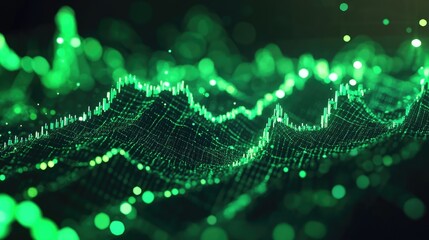 Green glowing data points forming wave-like pattern in dark background with digital depth and blurred bokeh lights. Generative by AI