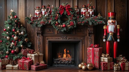 A Cozy Christmas Fireplace Scene with Nutcrackers and Gifts