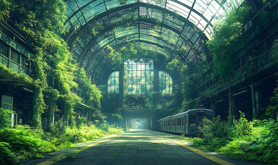 Overgrown railway station featuring a train, plants, and large glass roof with arched windows