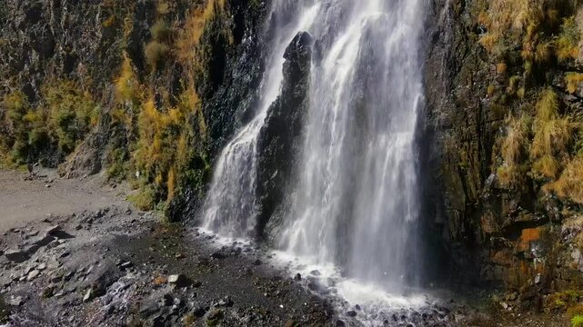 Aerial view of Manthokha Waterfall in Kharmang Valley, Pakistan.