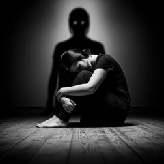 A conceptual image of fear and depression, where a lonely woman is haunted by a menacing shadow representing her inner demons
