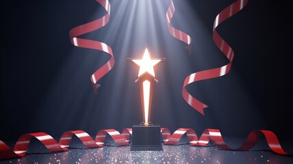 Award ceremony background with star trophy and red ribbon for celebration and achievement
