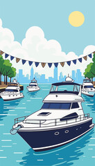Illustration of a yacht floating calmly in a harbor surrounded by other yachts and decorative banners, summer leisure and yacht club concept.
