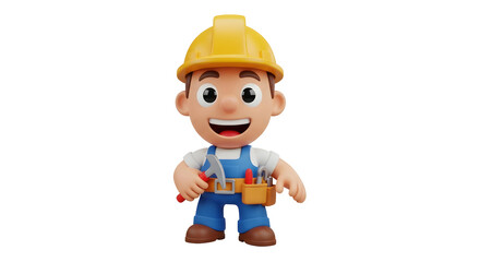 3d cartoon builder man wearing safety helmet and holding hammer. Construction worker in uniform with tool belt on transparent background.
