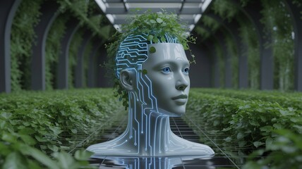 Artificial intelligence and vertical farming concept showcasing technology and nature blend together