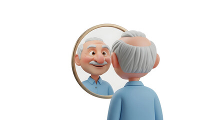 An elderly man looks in a mirror with a youthful and happy reflection. Concept of positive aging and self-perception, on transparent background.
